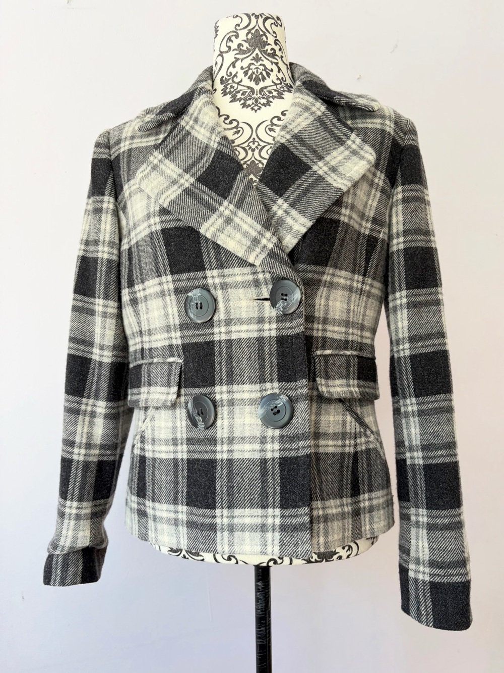 Anne Klein 100% Lambswool Black & White Plaid Double-Breasted Peacoat Size 4